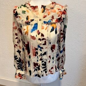 Alice and Olivia Printed Ruffle-Yoke Long Sleeve Top - Cream Multi